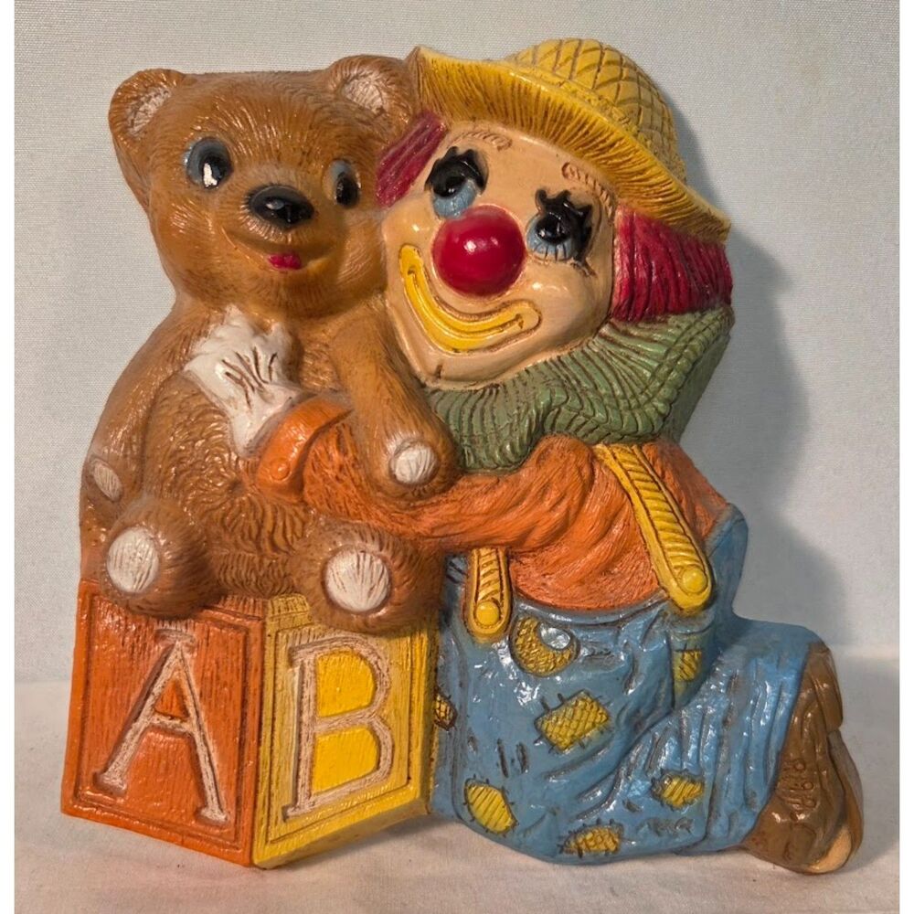Vintage Clown Wall Plaque Teddy Bear ABC Blocks Nursery Decor Chalkware